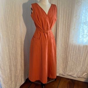 vintage late 50s orange cotton wrap dress w/self fabric buckle